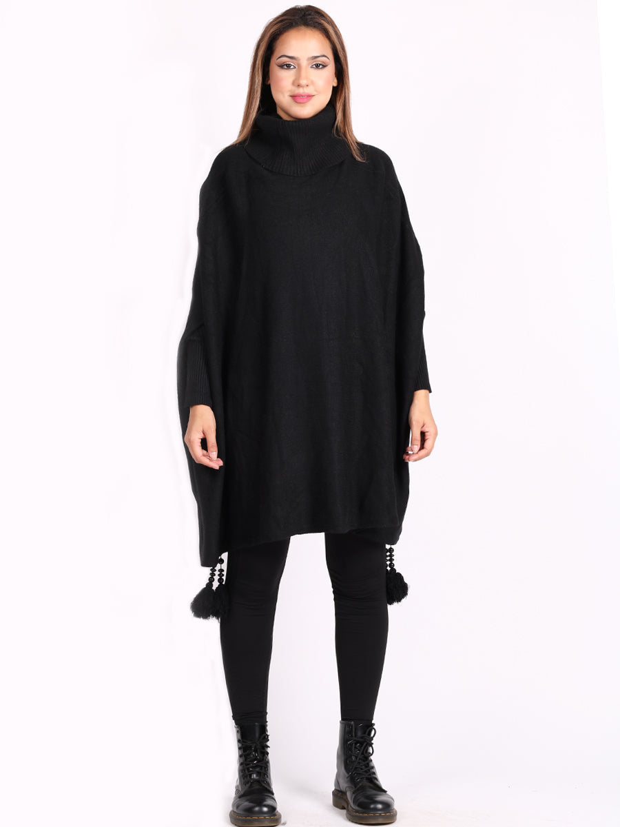 Plain Batwing Tessels Poncho Black