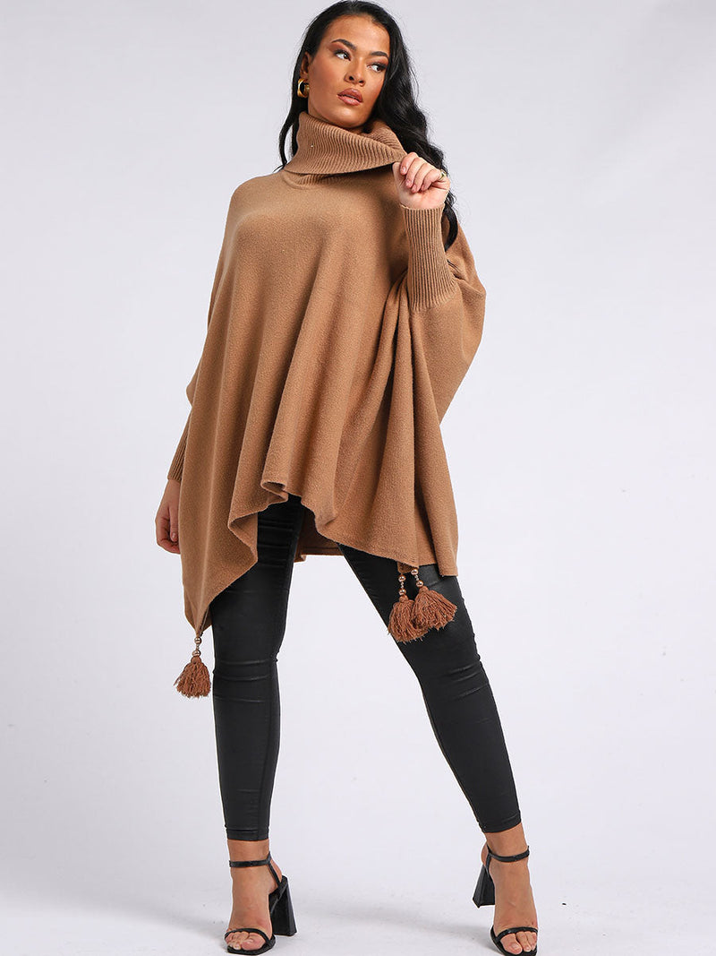 Plain Batwing Tessels Poncho Camel