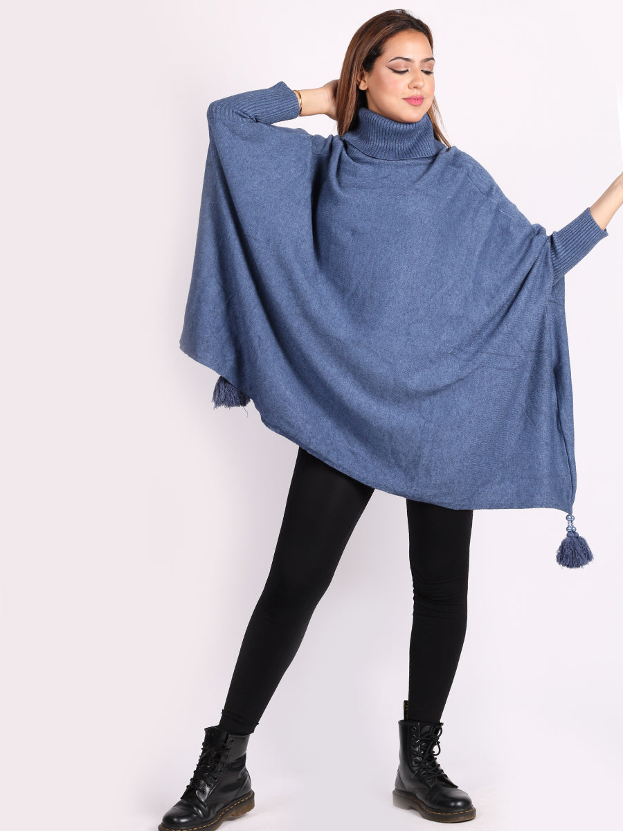 Plain Batwing Tessels Poncho Denim