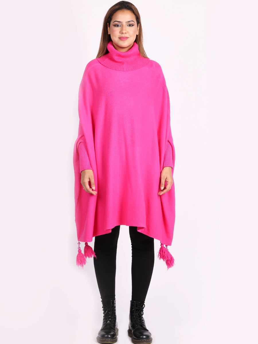 Plain Batwing Tessels Poncho fuchsia
