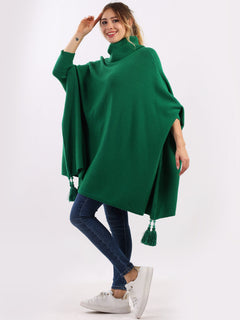 Plain Batwing Tessels Poncho Green