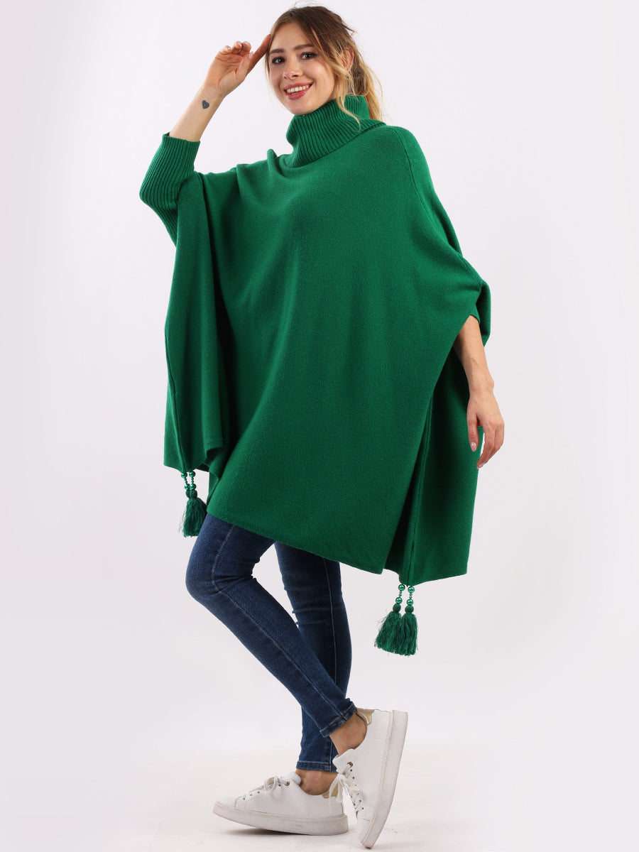 Plain Batwing Tessels Poncho Green