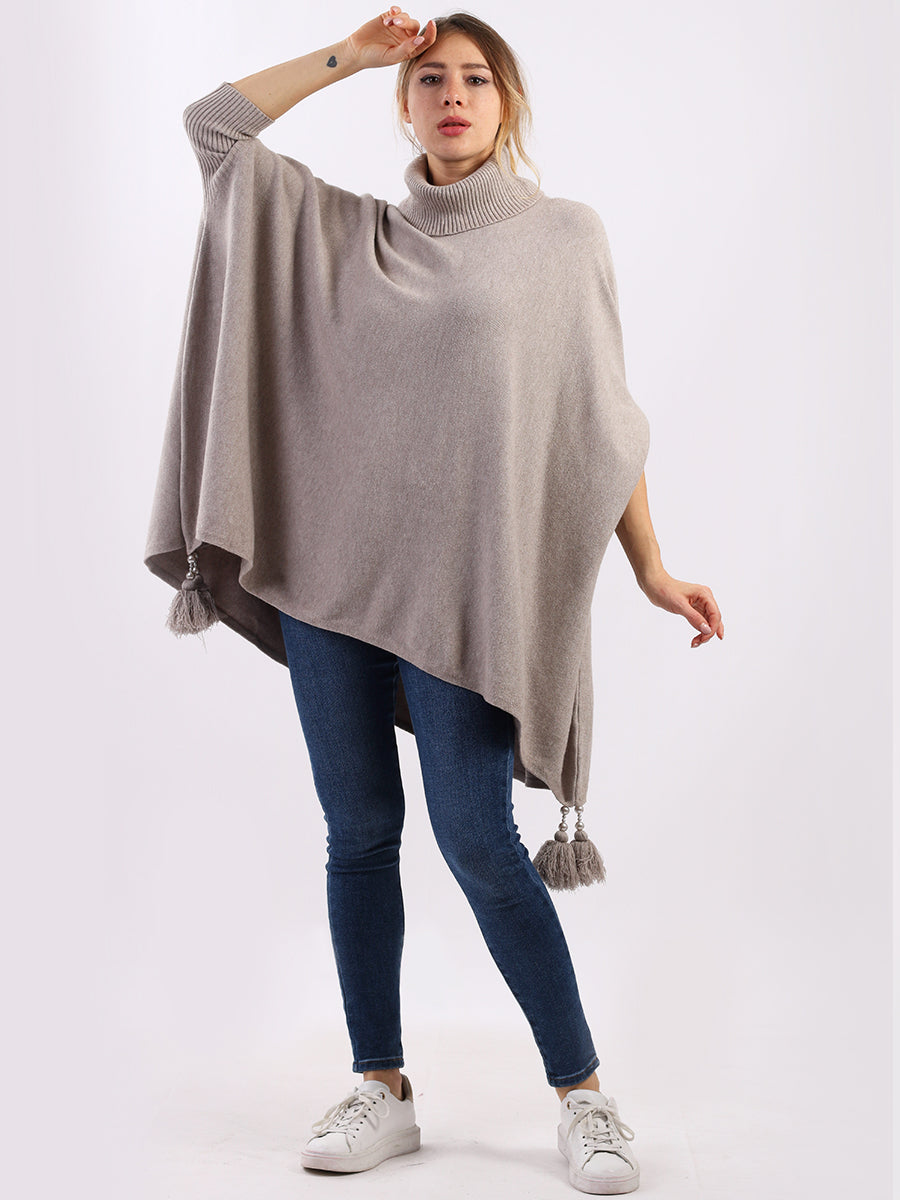 Plain Batwing Tessels Poncho Mocha