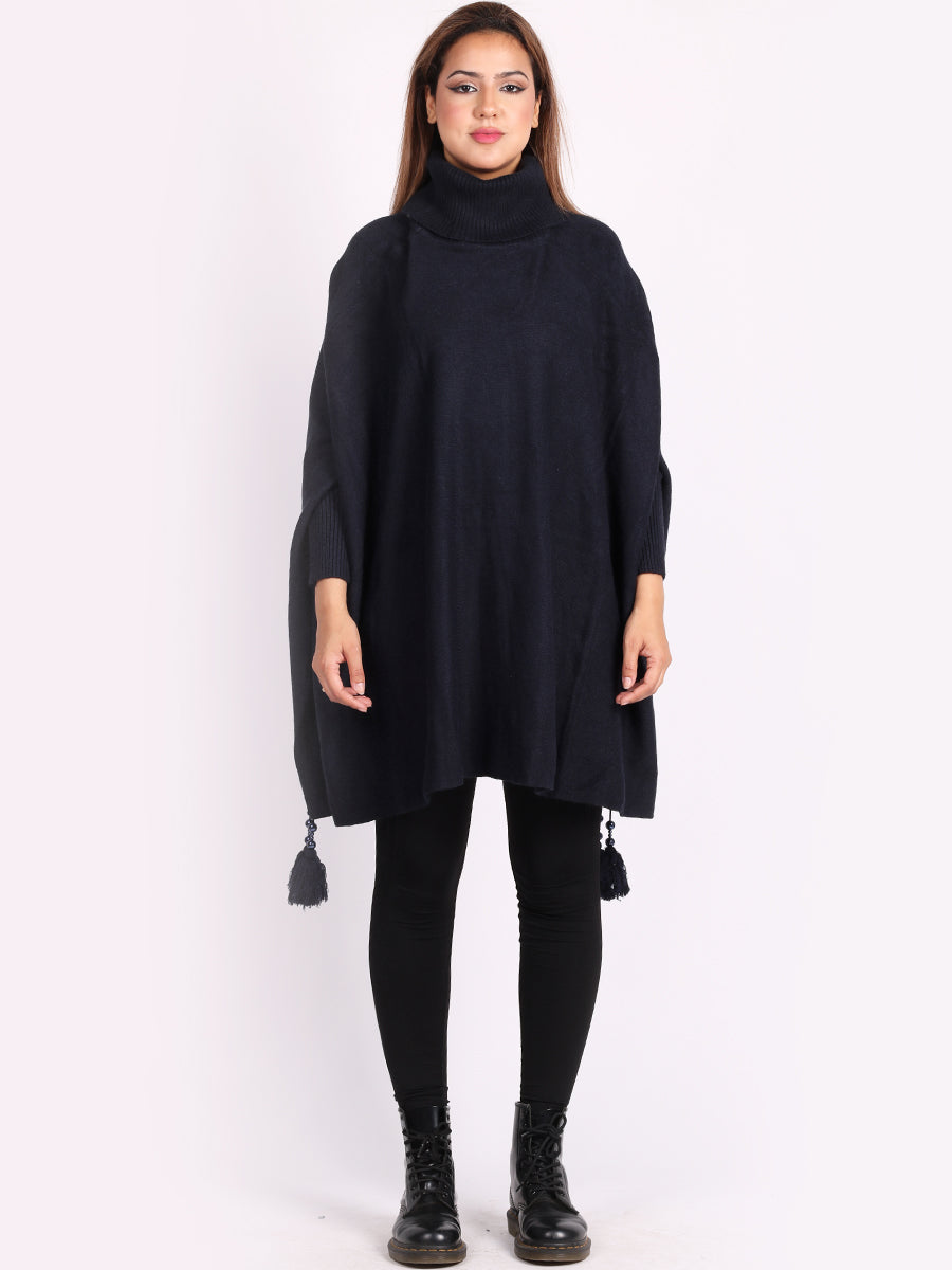 Plain Batwing Tessels Poncho Navy