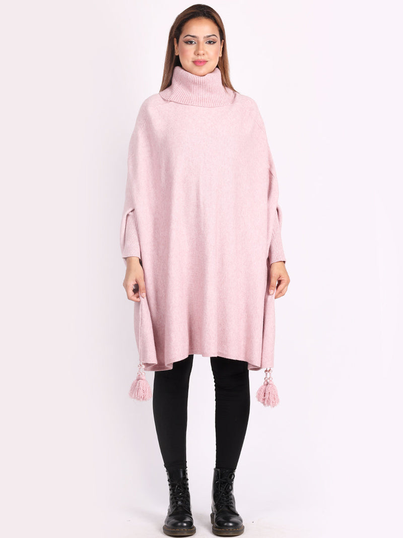 Plain Batwing Tessels Poncho Pink