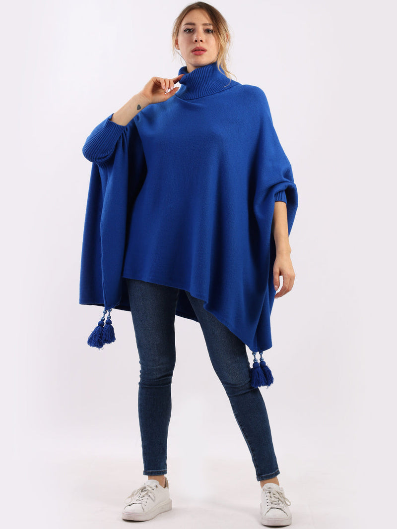 Plain Batwing Tessels Poncho Royal Blue