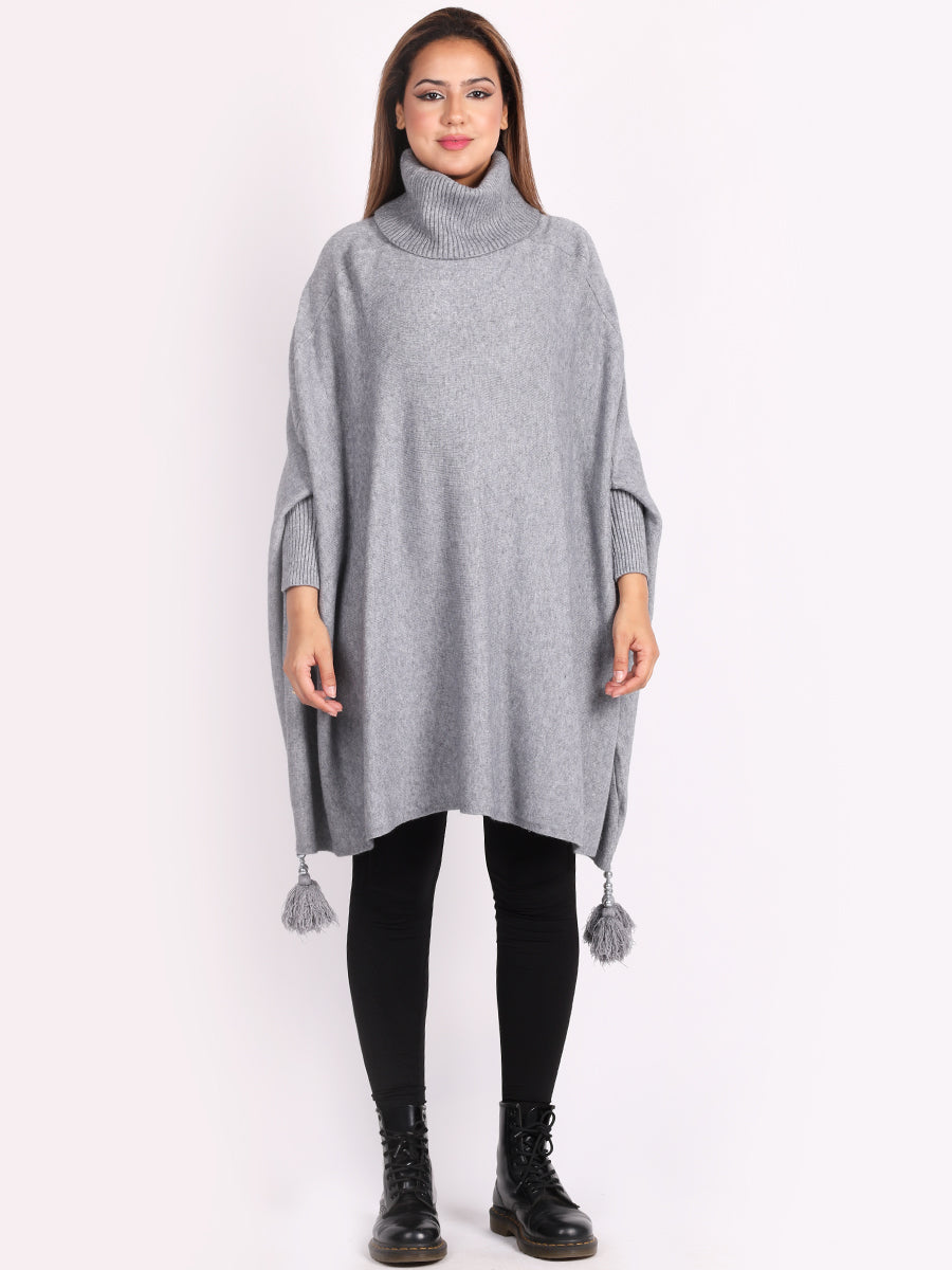 Plain Batwing Tessels Poncho Silver
