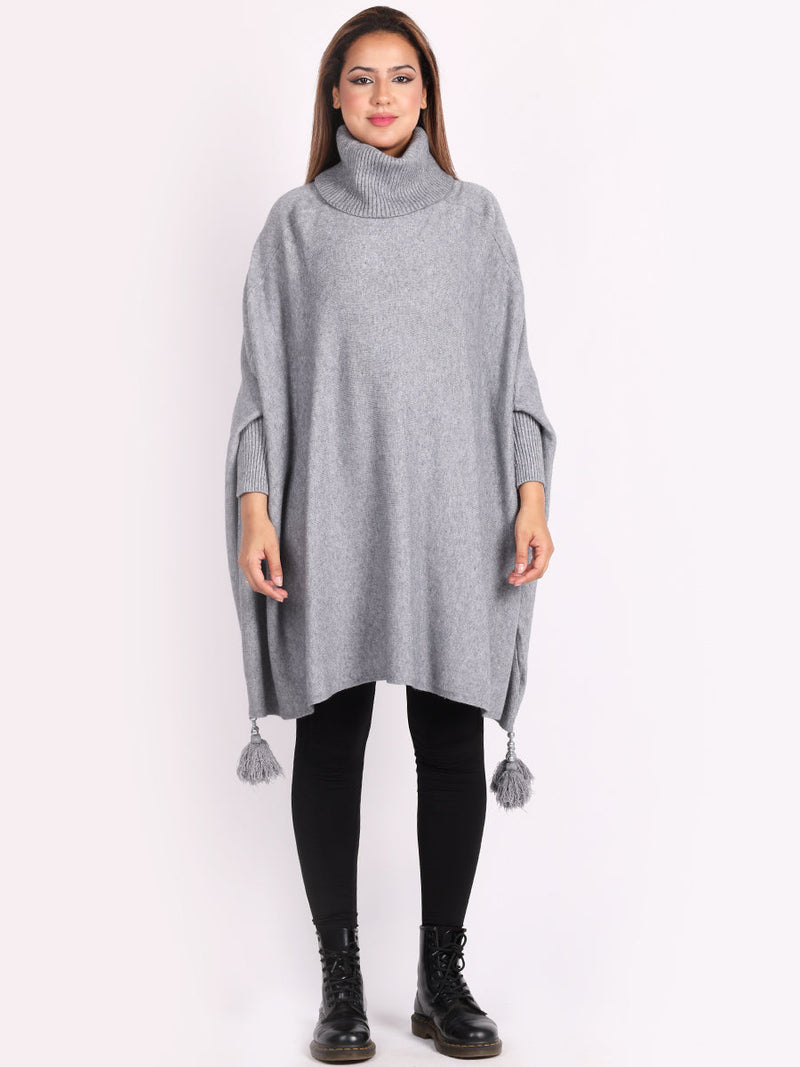 Plain Batwing Tessels Poncho Silver