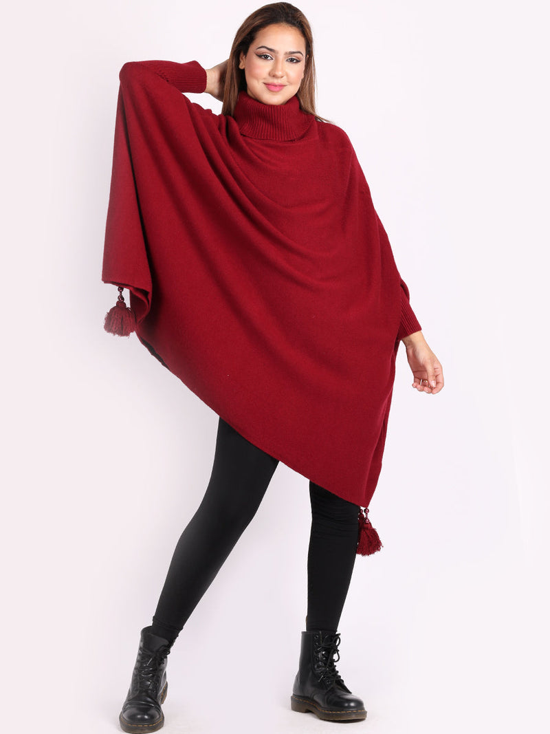 Plain Batwing Tessels Poncho Wine