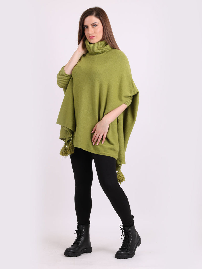 Plain Batwing Tessels Poncho Lime Green