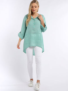  Linen Hooded Top Aqua