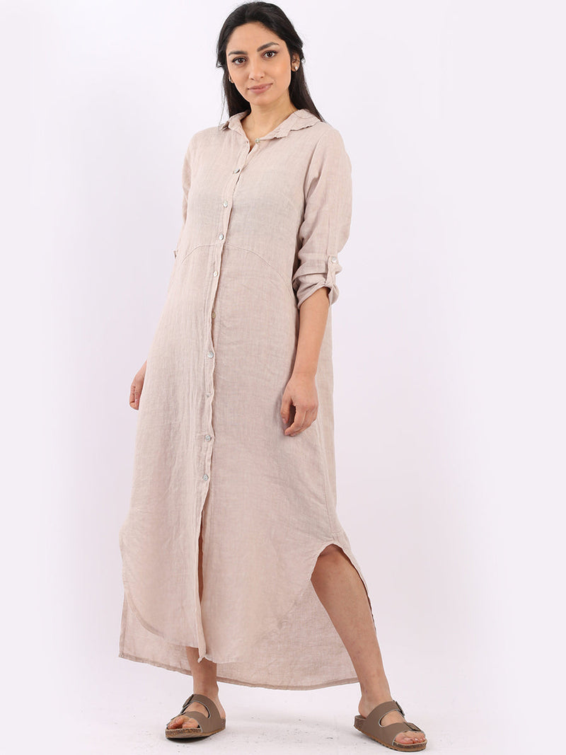 Plain Linen Shirt Dress Beige