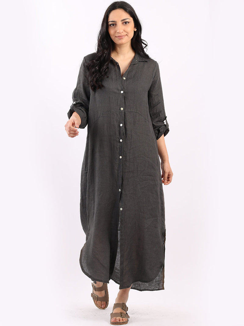 Plain Linen Shirt Dress Charcoal
