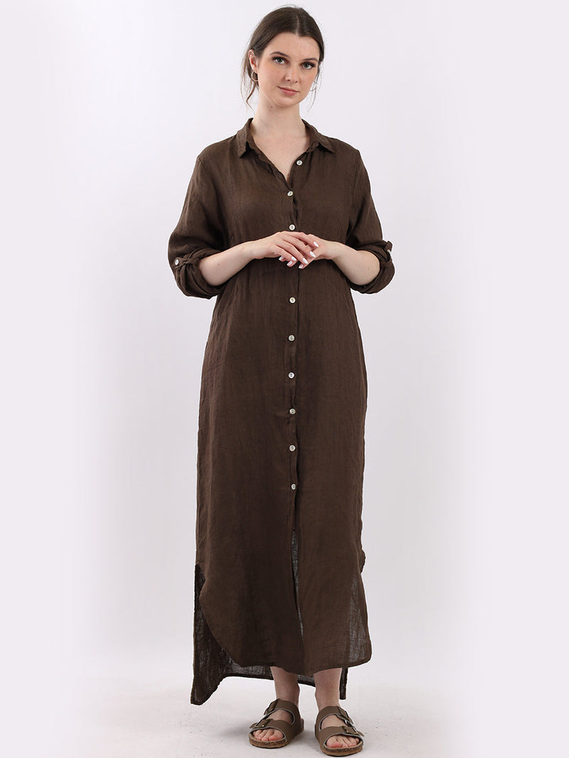 Plain Linen Shirt Dress Chocolate
