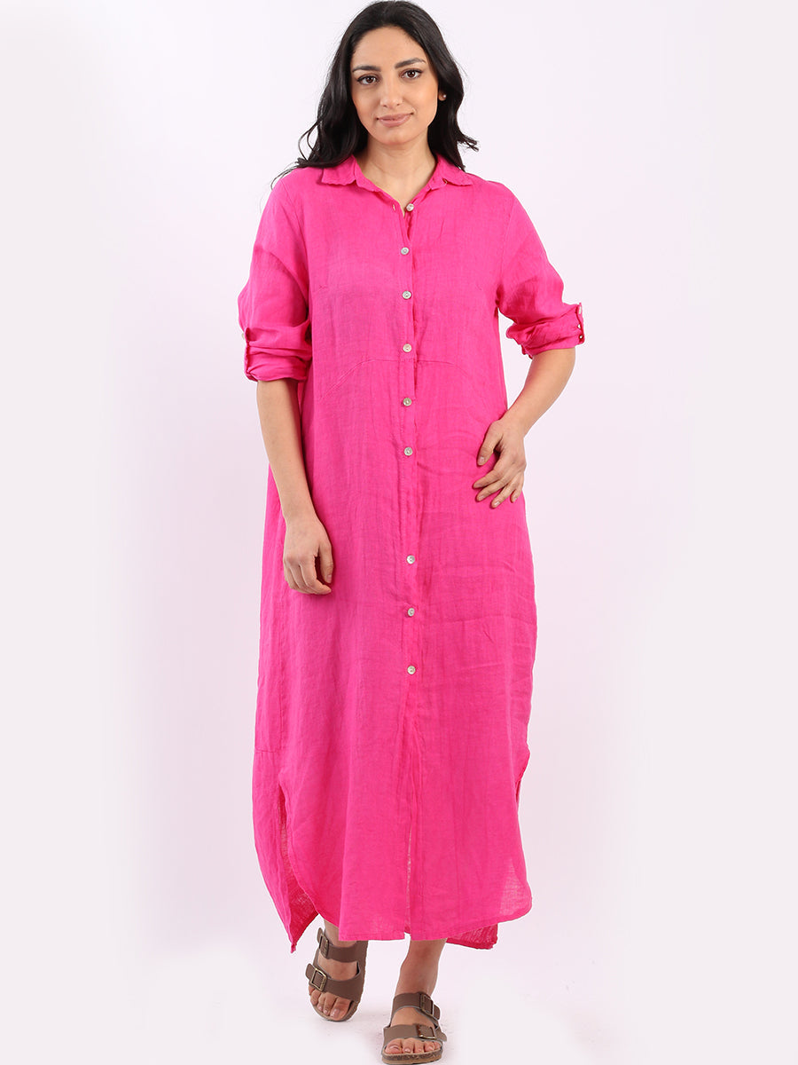 Plain Linen Shirt Dress Fuchsia