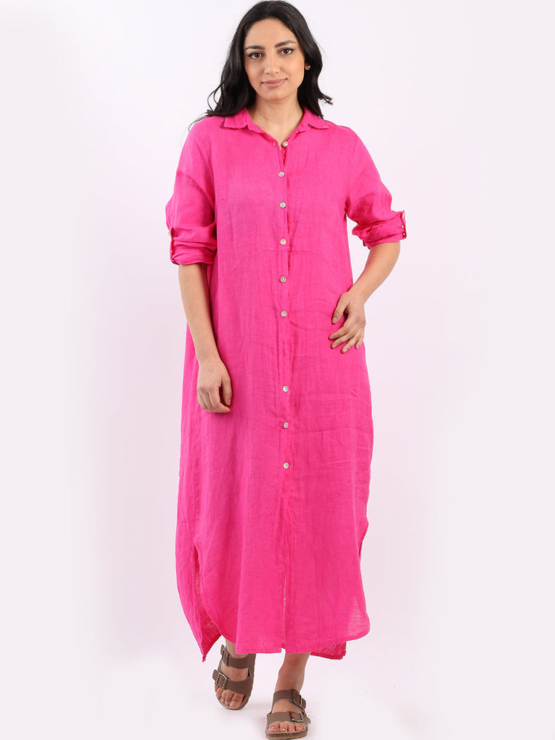 Plain Linen Shirt Dress Fuchsia