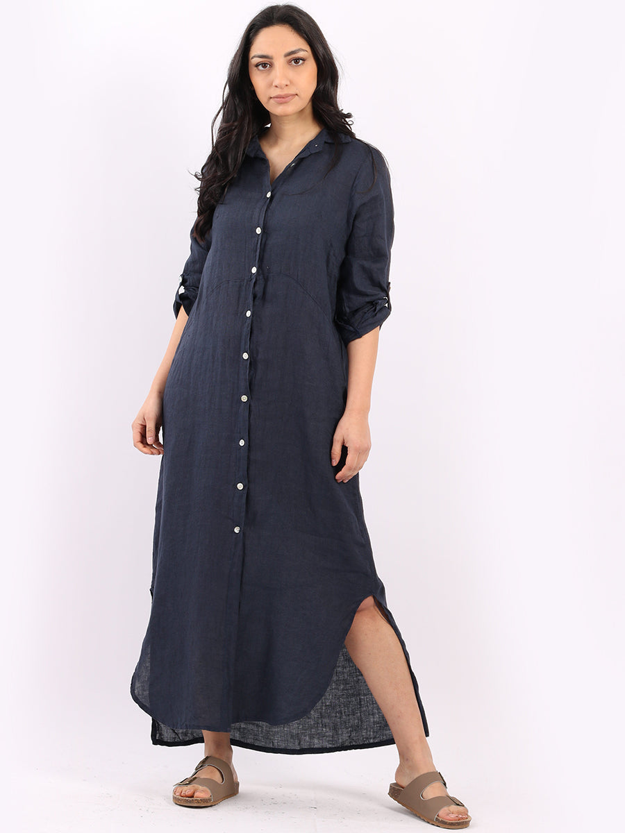 Plain Linen Shirt Dress Navy