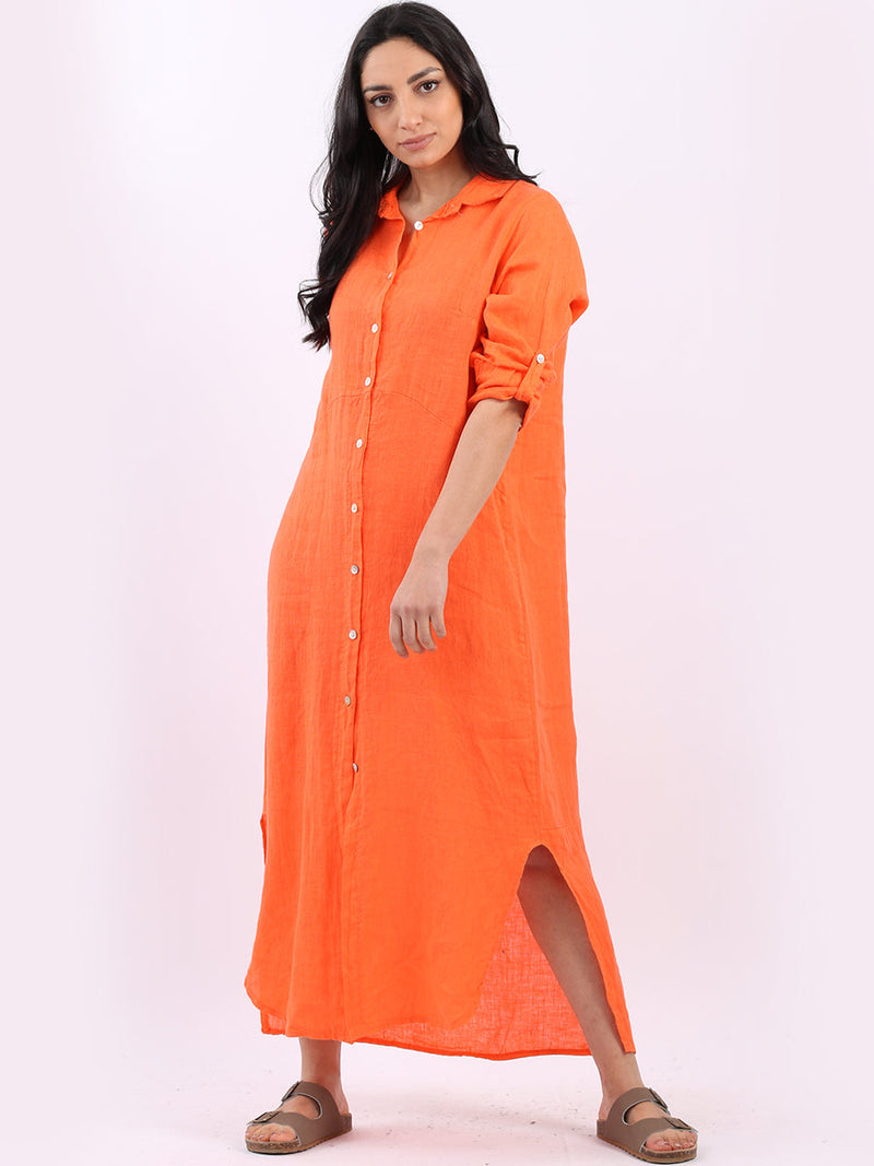 Plain Linen Shirt Dress Orange