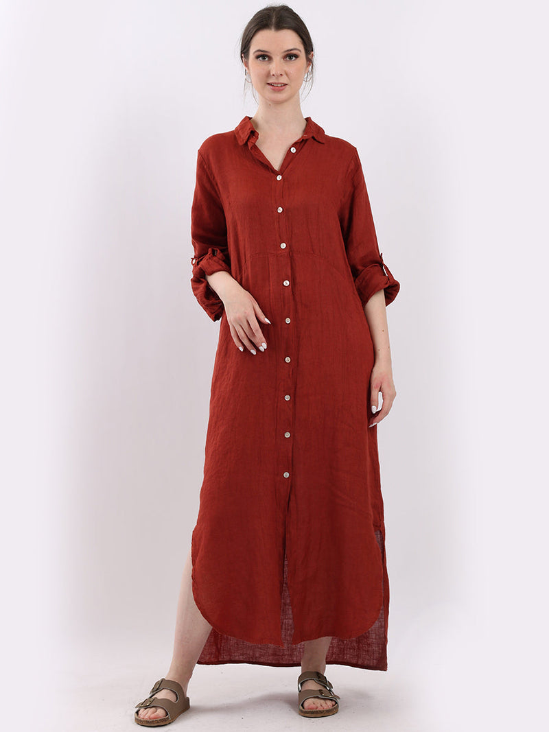 Plain Linen Shirt Dress Rust