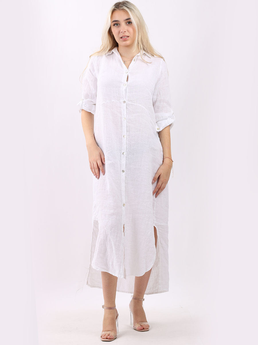 Plain Linen Shirt Dress White
