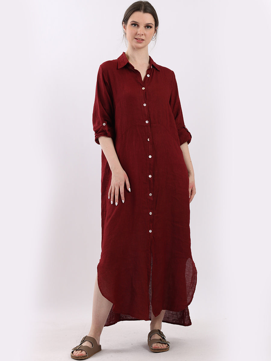 Plain Linen Shirt Dress Wine