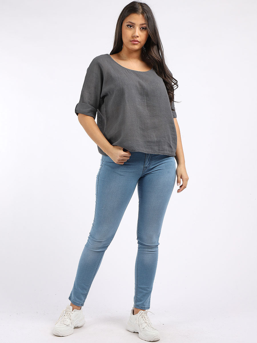 Plain Linen Crop Top Charcoal