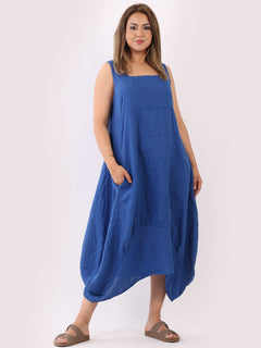Plain Linen Tank Dress Royal Blue