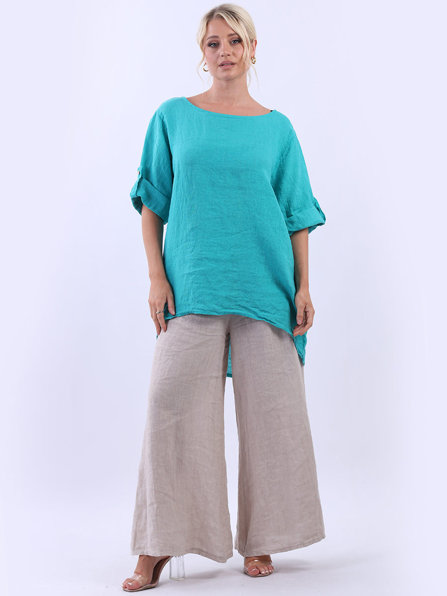 Plain Linen High Low Top Aqua