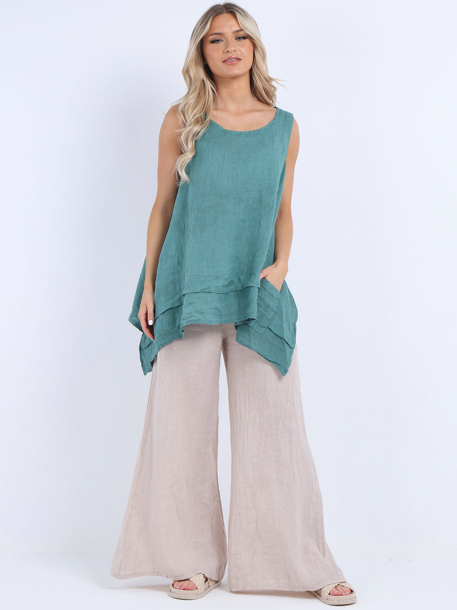 Plain Linen Tank Top Ocean Blue