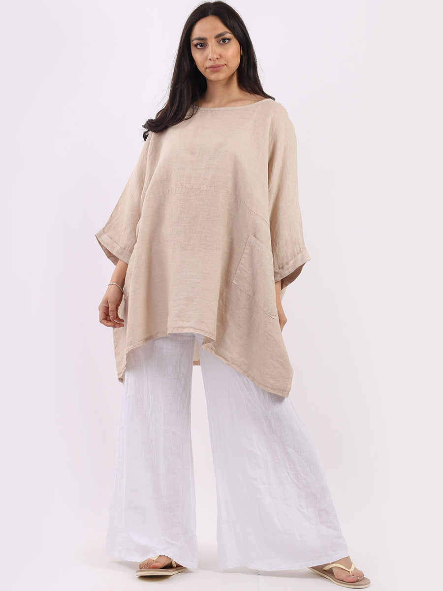 Oversized Linen Batwing Top Beige