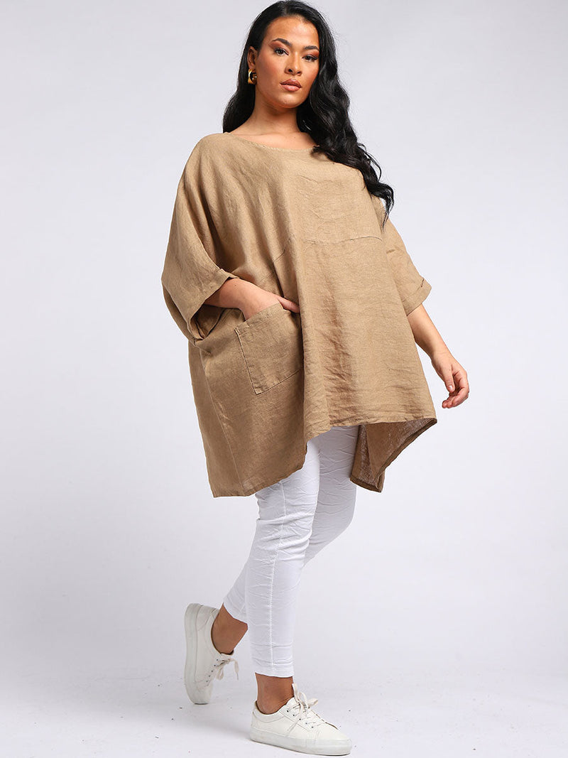 Oversized Linen Batwing Top Camel