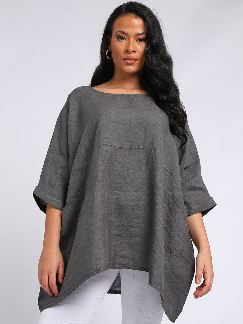 Oversized Linen Batwing Top Charcoal