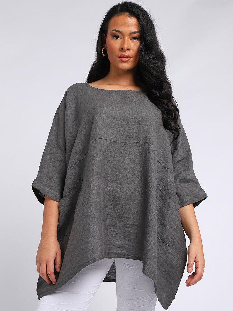 Oversized Linen Batwing Top Charcoal