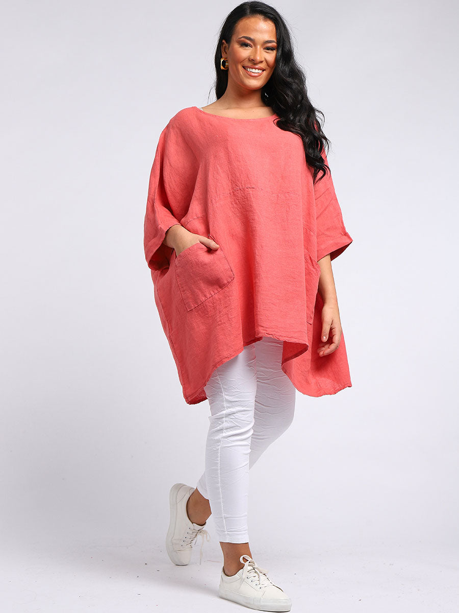 Oversized Linen Batwing Top Coral