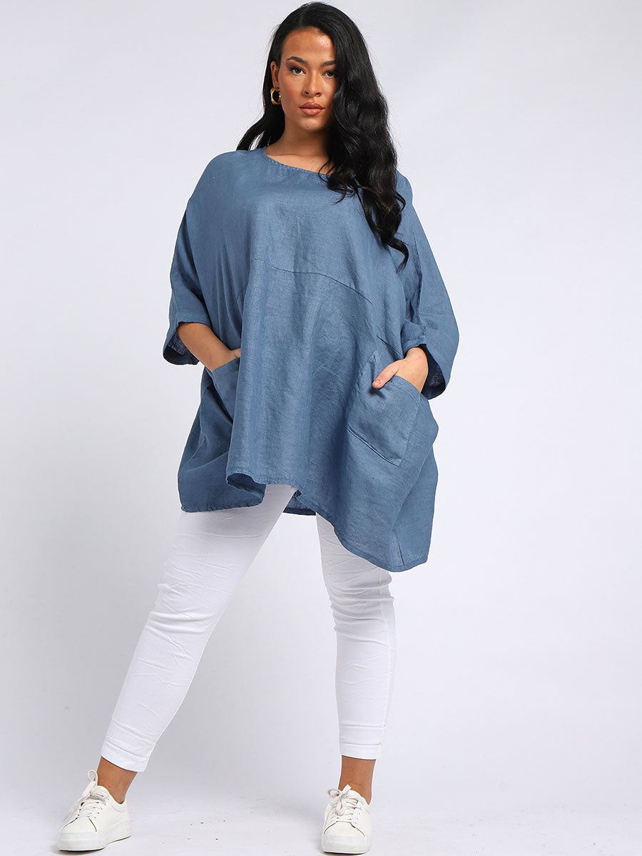 Oversized Linen Batwing Top Denim