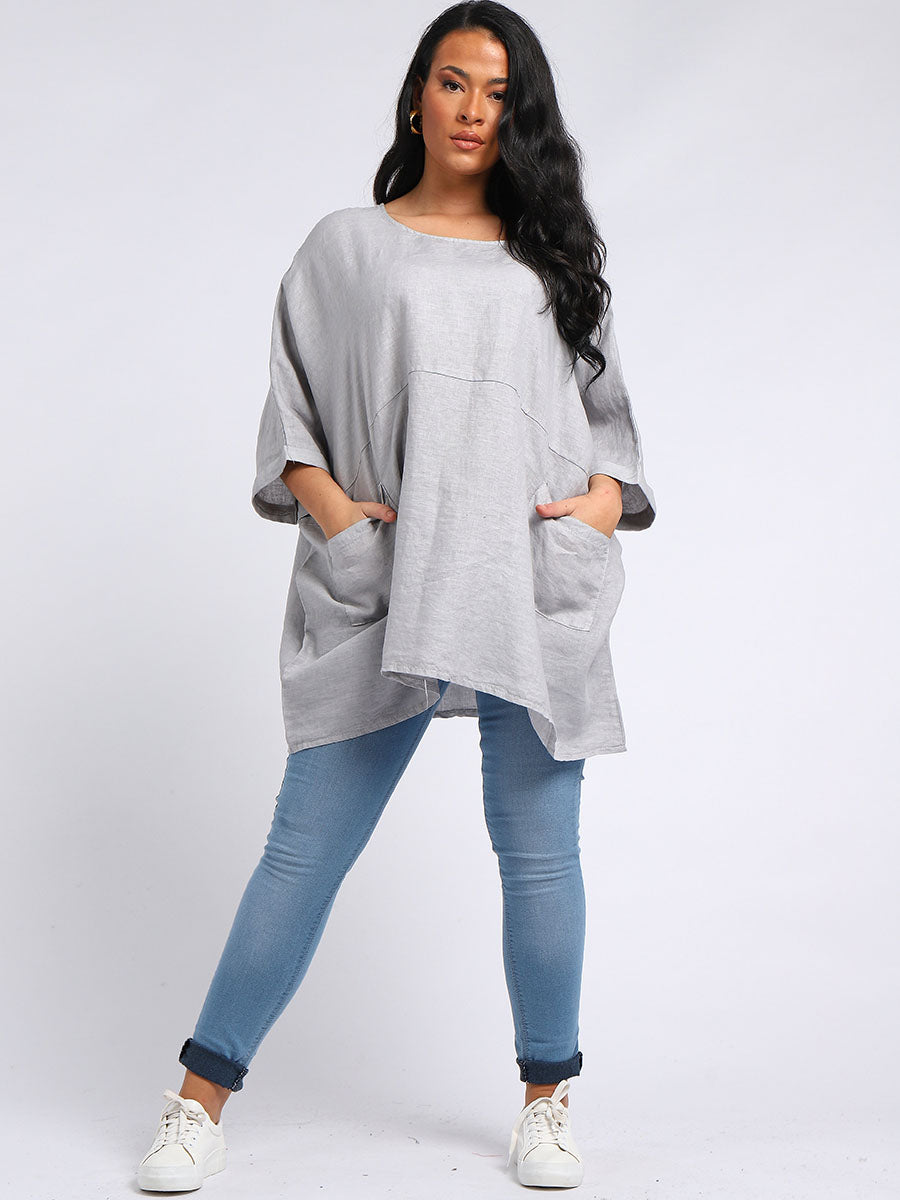 Oversized Linen Batwing Top Grey