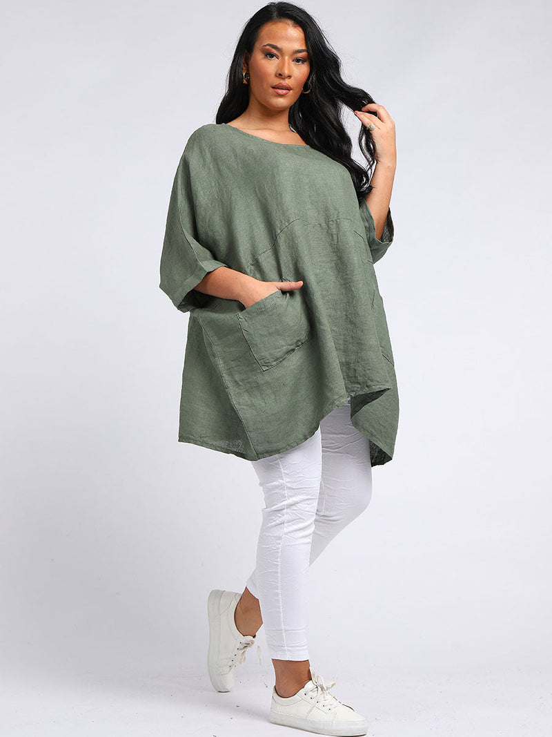 Oversized Linen Batwing Top Khaki