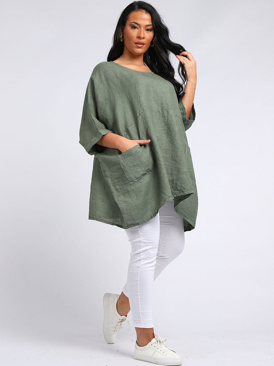 Oversized Linen Batwing Top Khaki