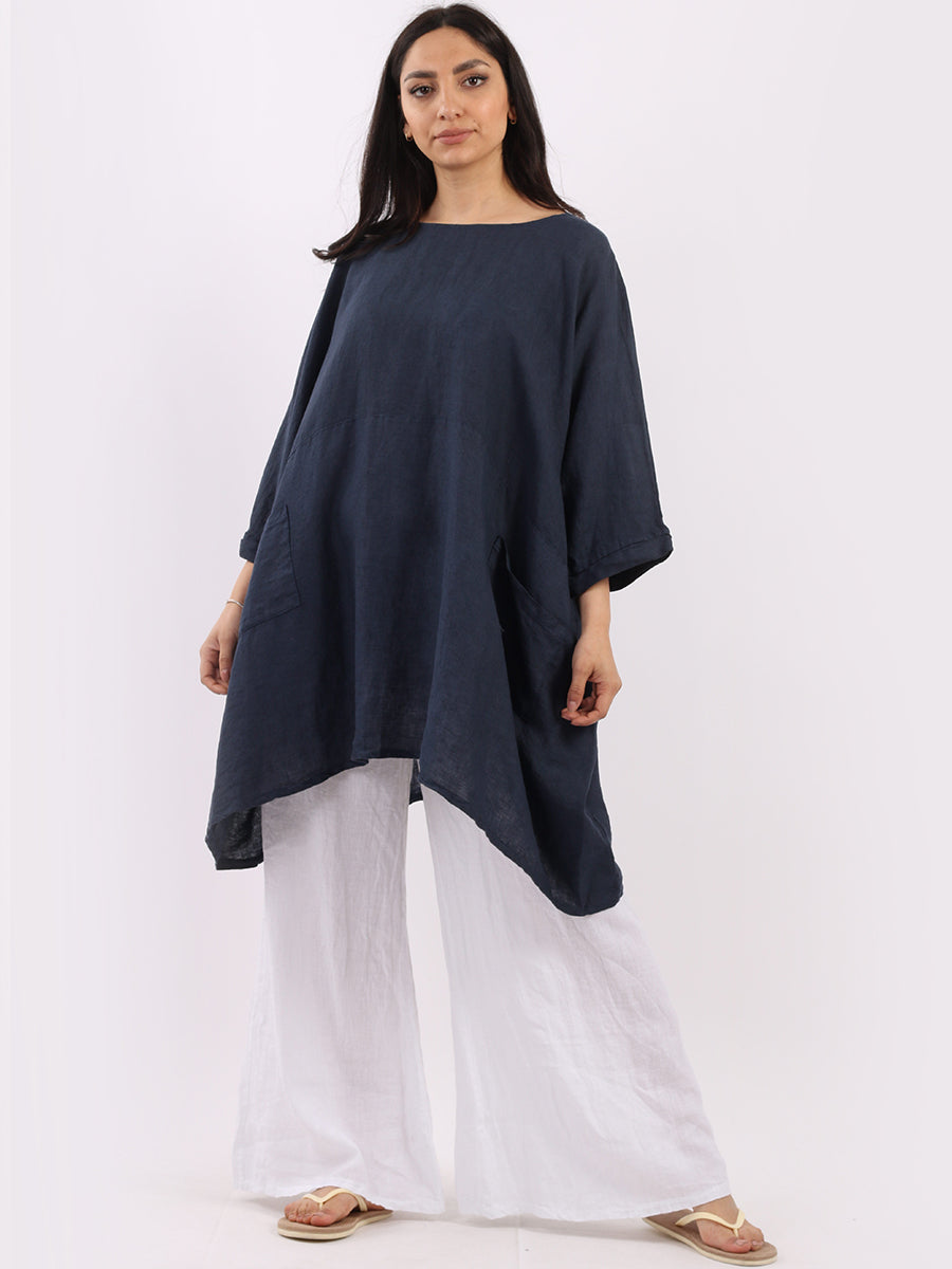 Oversized Linen Batwing Top Navy
