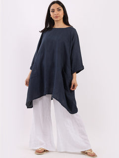 Oversized Linen Batwing Top Navy