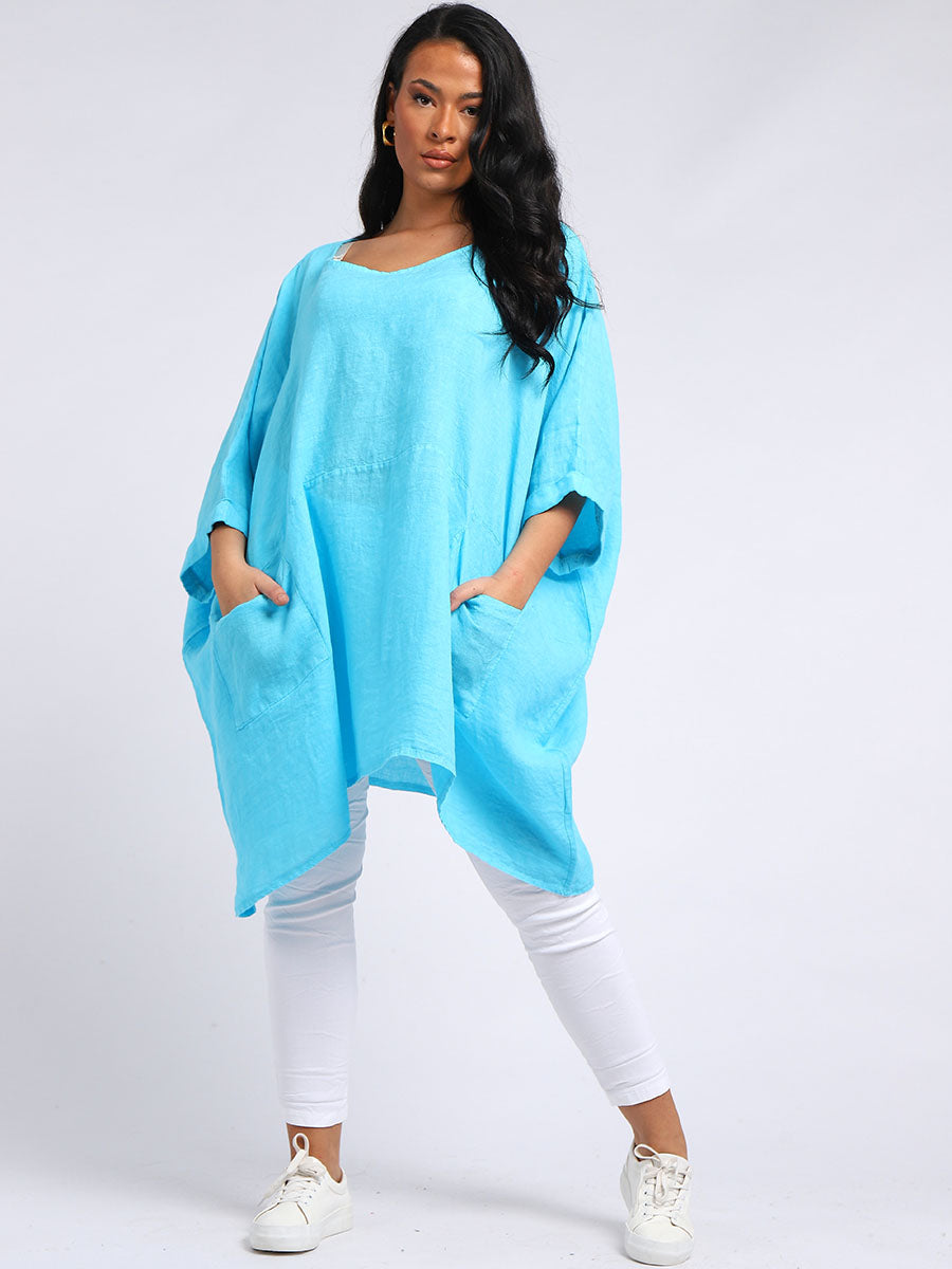 Oversized Linen Batwing Top Turquoise