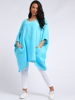 Oversized Linen Batwing Top Turquoise