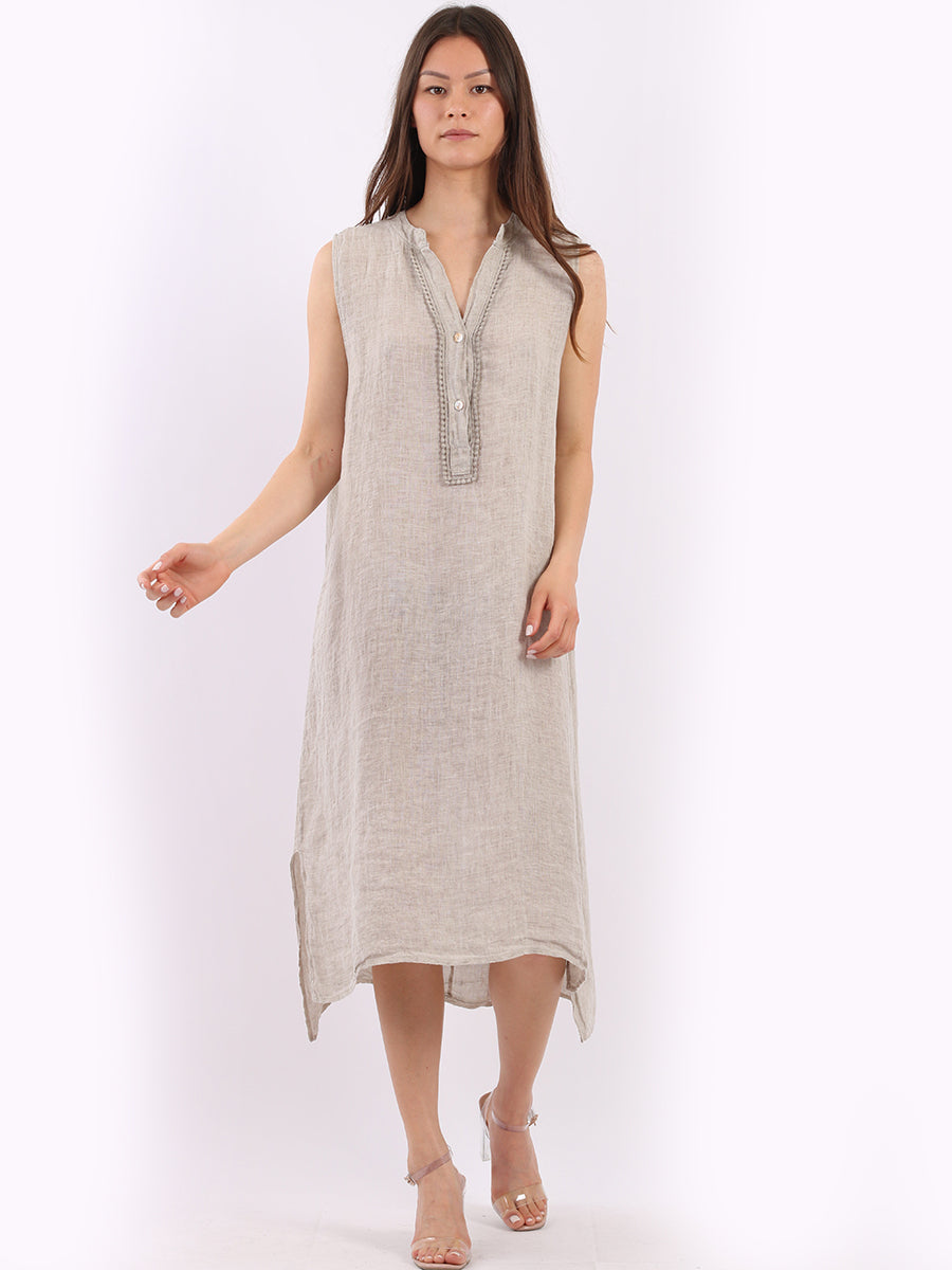 Sleeveless Linen Shirt Dress Beige