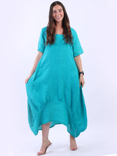 Square Neck Linen Dress Aqua