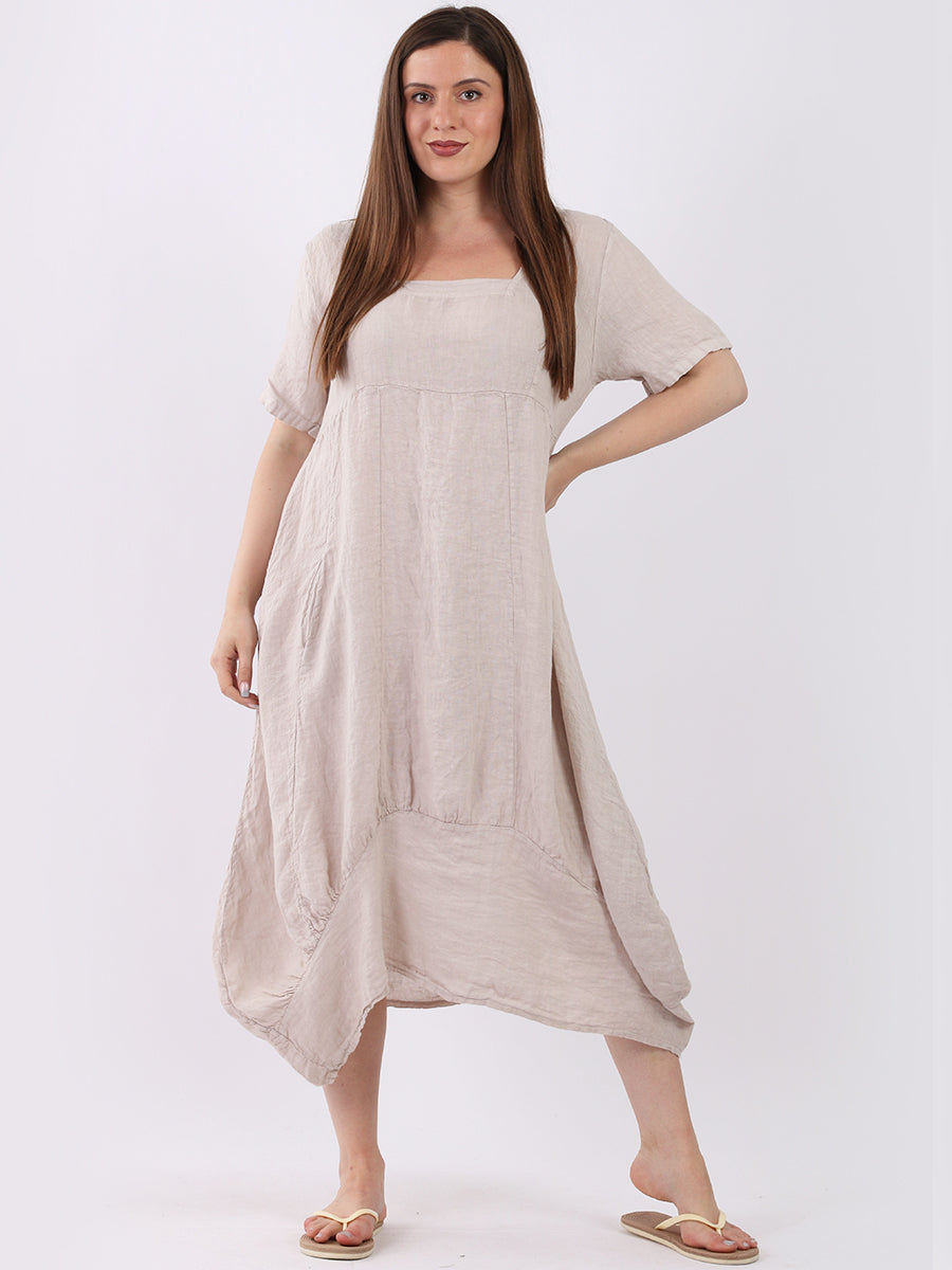 Square Neck Linen Dress Beige