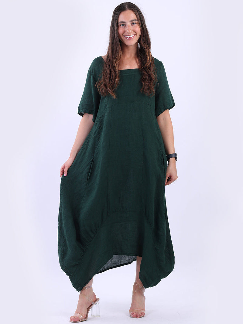 Square Neck Linen Dress Bottle Green