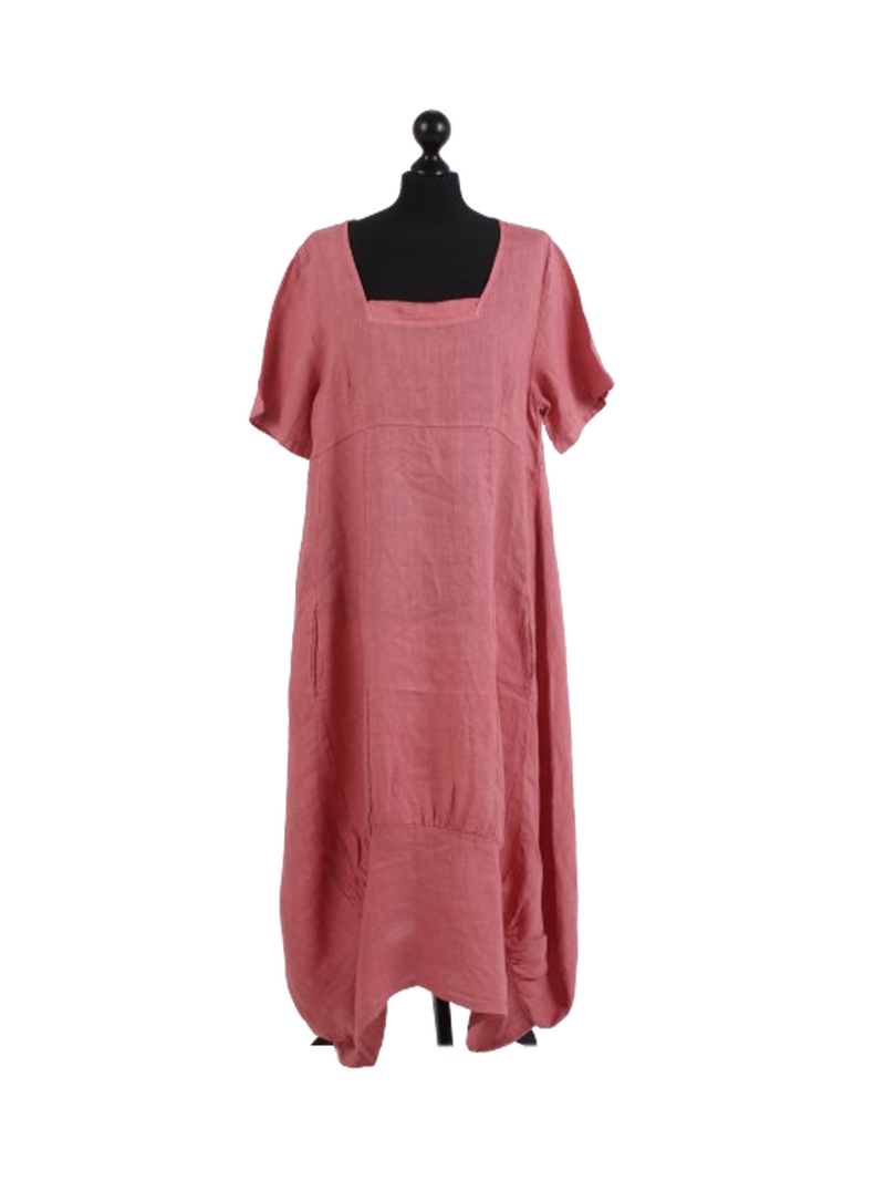 Square Neck Linen Dress Cherry