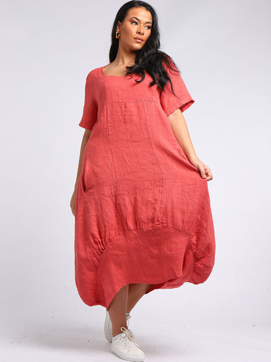 Square Neck Linen Dress Coral