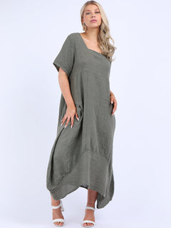 Square Neck Linen Dress Khaki