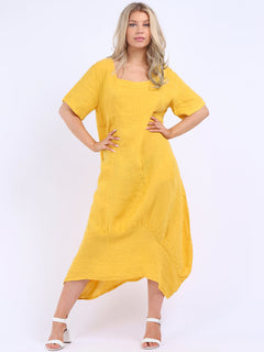 Square Neck Linen Dress Mustard 